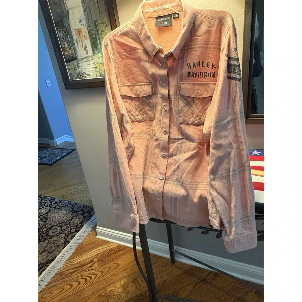 Harley Davidson flannel biker shirt outdoor plaid spring salmon orange women 2XL - Picture 8 of 15